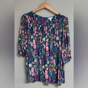 Lowe Womens Blue Floral Top Size 3X Ruching on Chest
